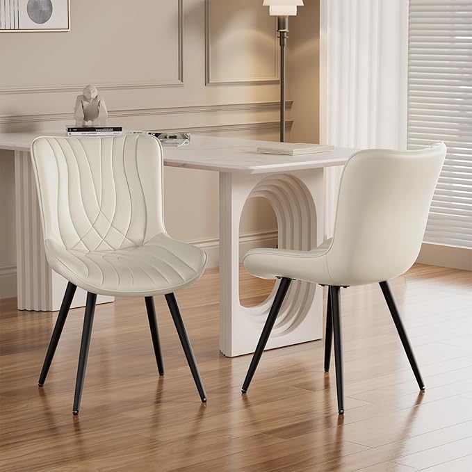 Dining Chair Set of 2 PU Leather Dining Room Chairs Upholstered Comfy Dining Chairs Modern Kitchen Armless Side Chair with Sturdy Metal Legs,Beige