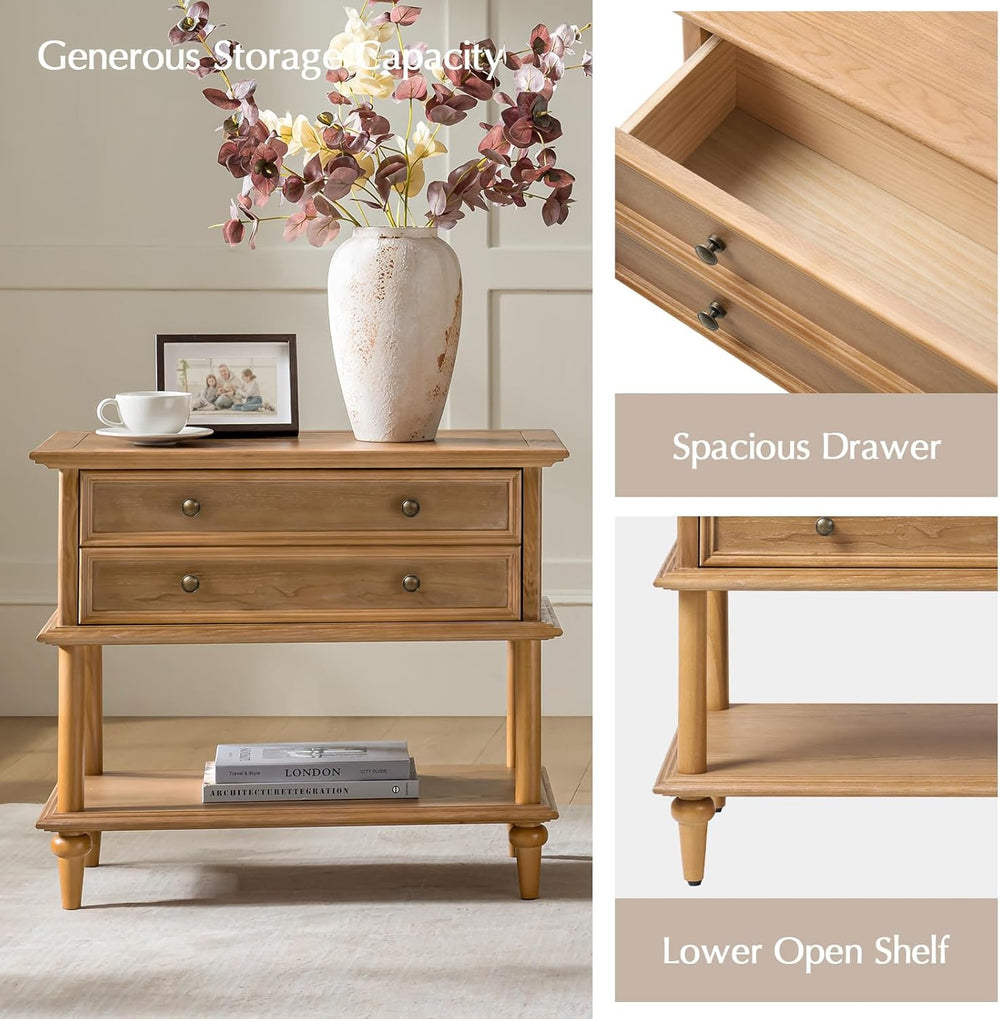 HULALA HOME Farmhouse Nightstand Set of 2 with Drawer & Open Shelf, Natur...