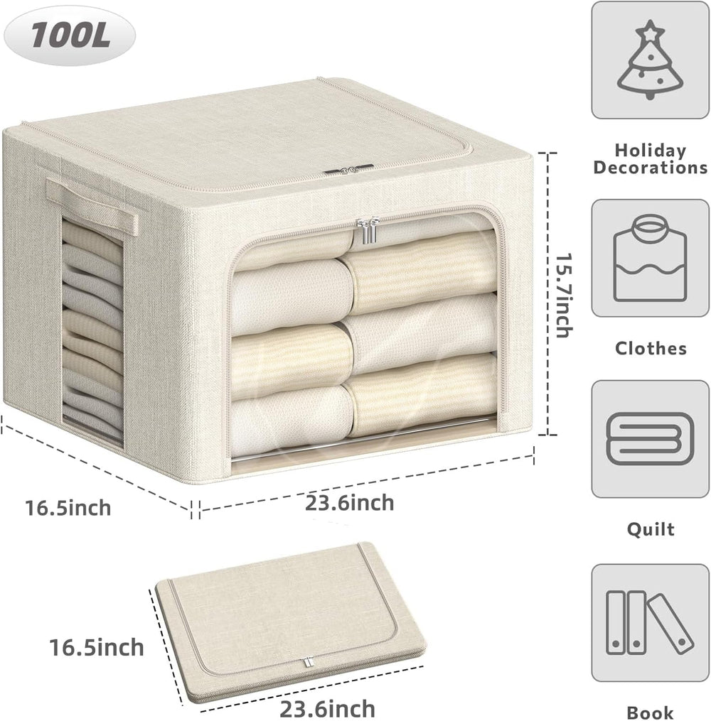 4 Pack Clothes Storage Bins with Metal Frame - 100L Stackable Storage Box wit...