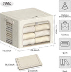 4 Pack Clothes Storage Bins with Metal Frame - 100L Stackable Storage Box with Lid，Foldable Storage Container Organizer for Clothes，Linen Fabric Storage Box with Clear Window＆Zippers＆Handles