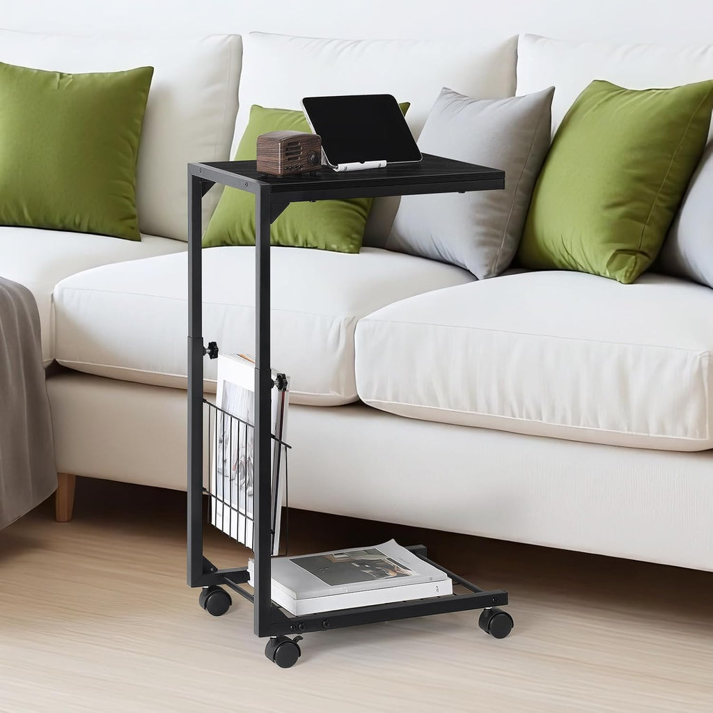 C Shaped End Table Small Side Table with Wheels Slide Under Couch Table for Sofa Adjustable Height C Table with Metal Frame for Living Room Bedroom Bedside, Black