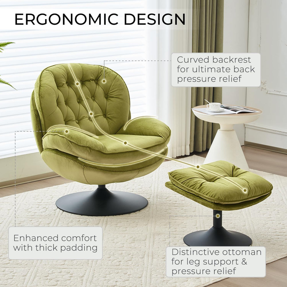 Velvet Swivel Accent Chair with Ottoman Set,Modern Tufted Armchair with Footr...