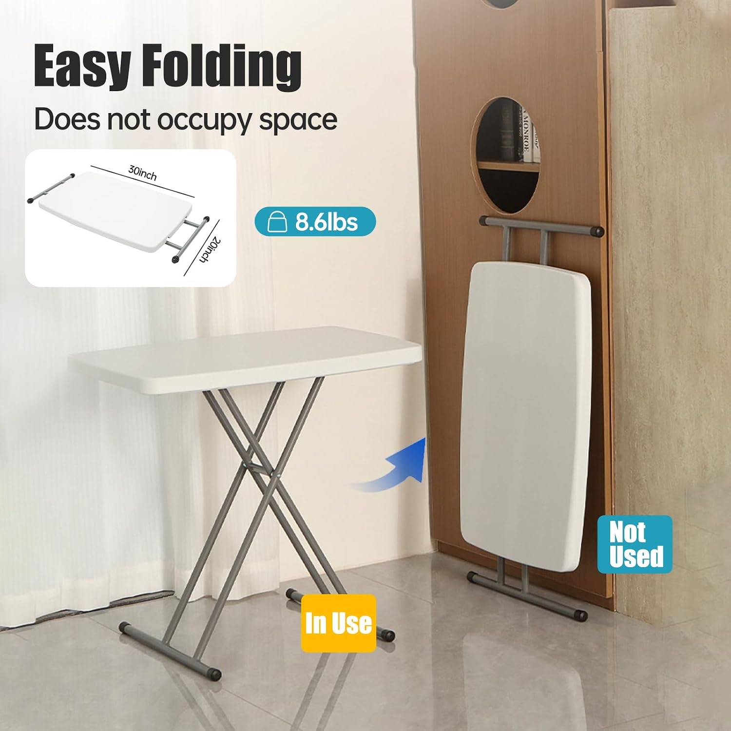 Adjustable Folding Table – 30" x 20" Foldable Desk with 5 Height Settings (18", 25", 29"), Lightweight Small Table for Camping, Outdoor, Indoor, Bedside Use, Portable White Granite Table