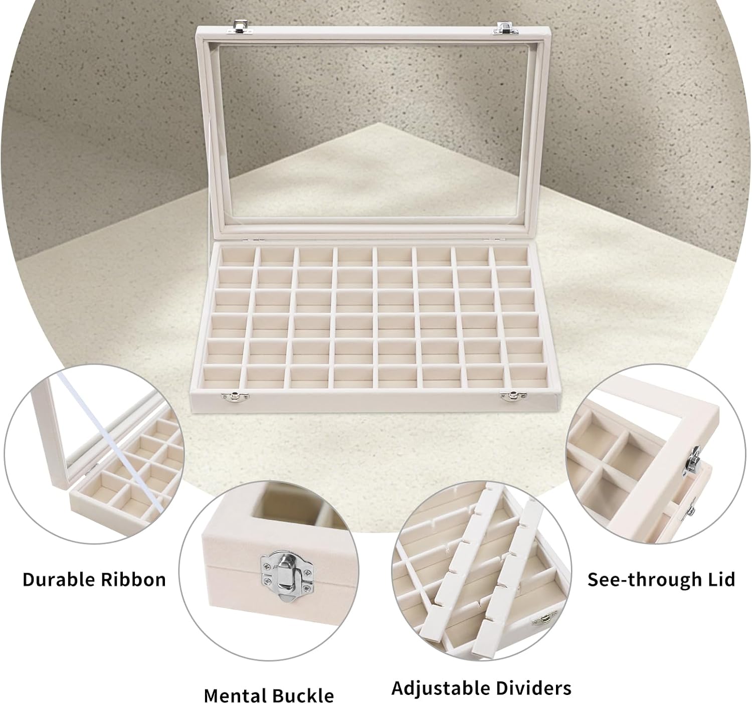 Stratalife Jewelry Organizer, Velvet Earring Storage Box, 13.78"x9.4" | 48 Grid Stackable Jewelry Tray with Clear Lid, Velvet Jewelry Box for Drawer, Necklace Trinket Display Organizer, Beige