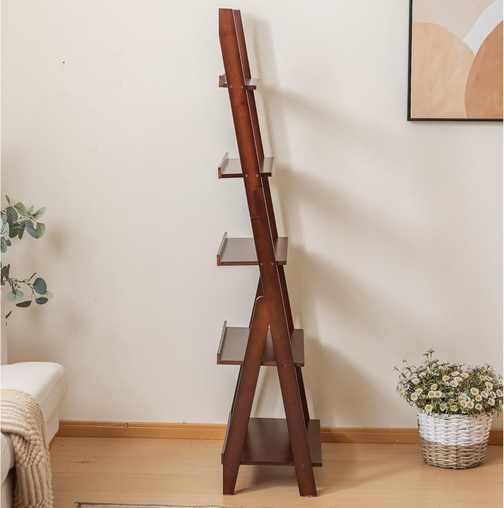 Maydear Bamboo Ladder Shelf Bookcase, 5-Tier Leaning Bookshelf Free Standing ...