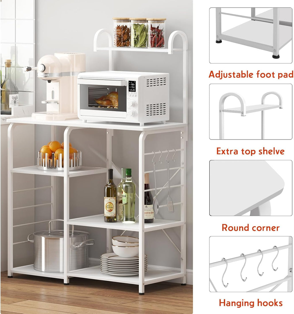 sogesfurniture Kitchen Baker's Rack, 35.4'' Utility Microwave Oven Stand, 4-Tier Capacity Utility Storage Shelf with 5 Hooks, White