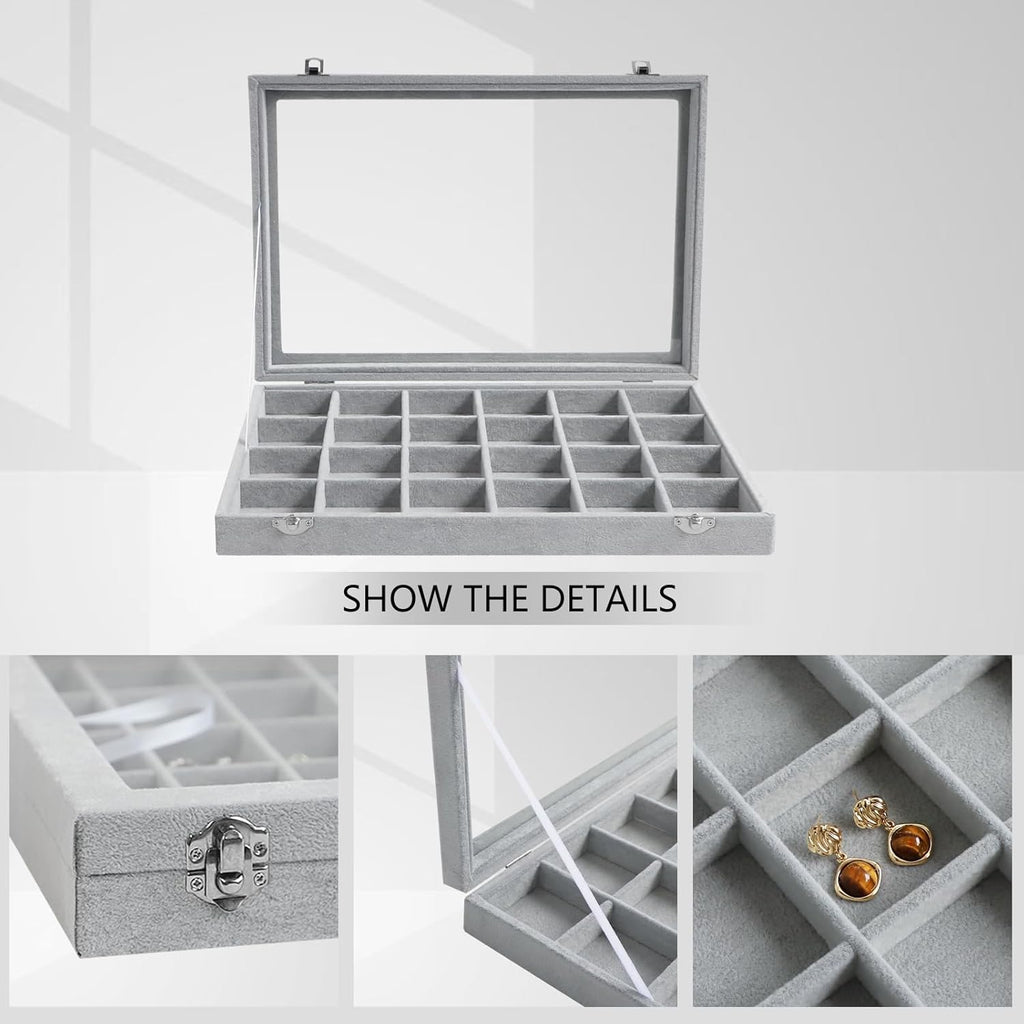 Wudygirl Jewelry Organizer Velvet Jewelry Tray 24 Grid Jewelry Box Earring Holder Organizer Removable Display Case Organizer Glass Top Lid & Lock (24 Grid)