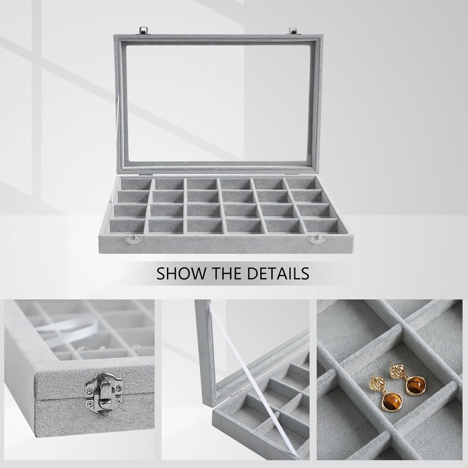 Wudygirl Jewelry Organizer Velvet Jewelry Tray 24 Grid Jewelry Box Earring Holder Organizer Removable Display Case Organizer Glass Top Lid & Lock (24 Grid)