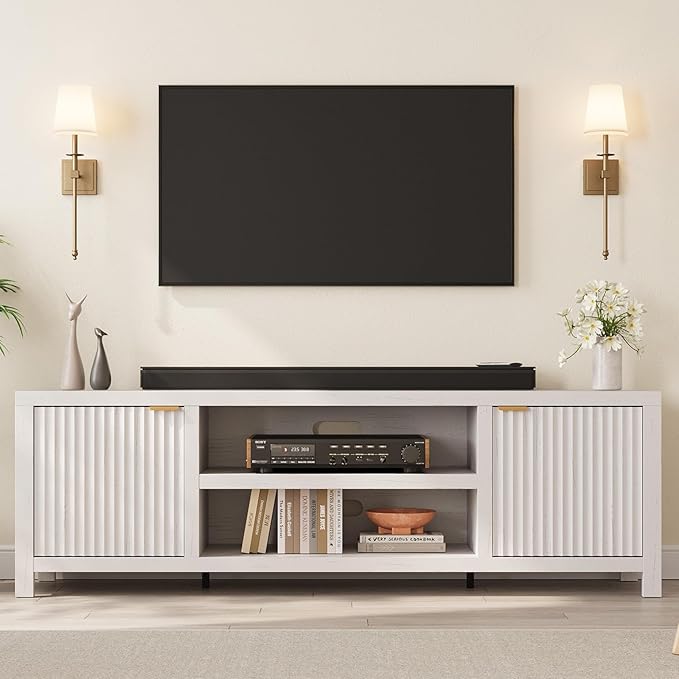 IDEALHOUSE Fluted TV Stand for 80 inch, Modern Entertainment Center with Adjustable Shelves, White TV & Media Cabinet 2-Tier Storage for Living Room Bedroom