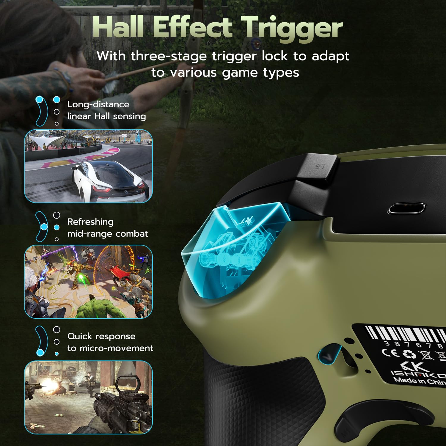ISHAKO Wireless Gaming Controller for PC – 1000hz Polling Rate Controller with Back Buttons, Hall Trigger/Joystick, Turbo, RGB Lights, Game controller Compatible with Windows/Laptop/Switch/iPhone/Android-Olive Green