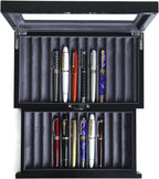 Wood Pen Display case 24 Slot Fountain Pen Box Storage Organizer with Drawer, Top Glass Window Pen Collection Display Case
