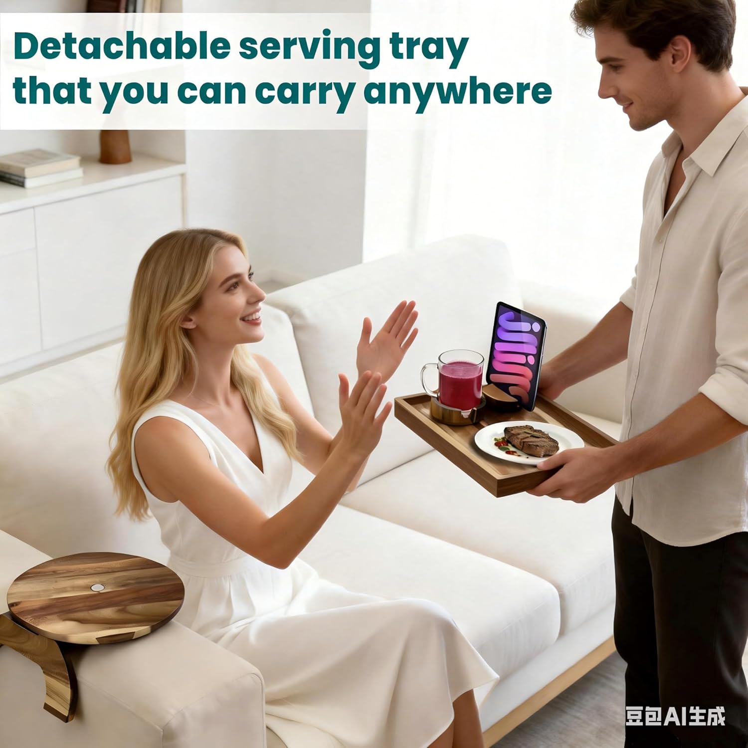 360° Detachable Rotating Acacia Wood Sofa Arm Tray Table, Serving Tray Clip On Couch Armrest Table with Cup Holder & Phone Stand, TV Dinner Tray for Eating on Sofa, TV Trays Fits for Small Spaces