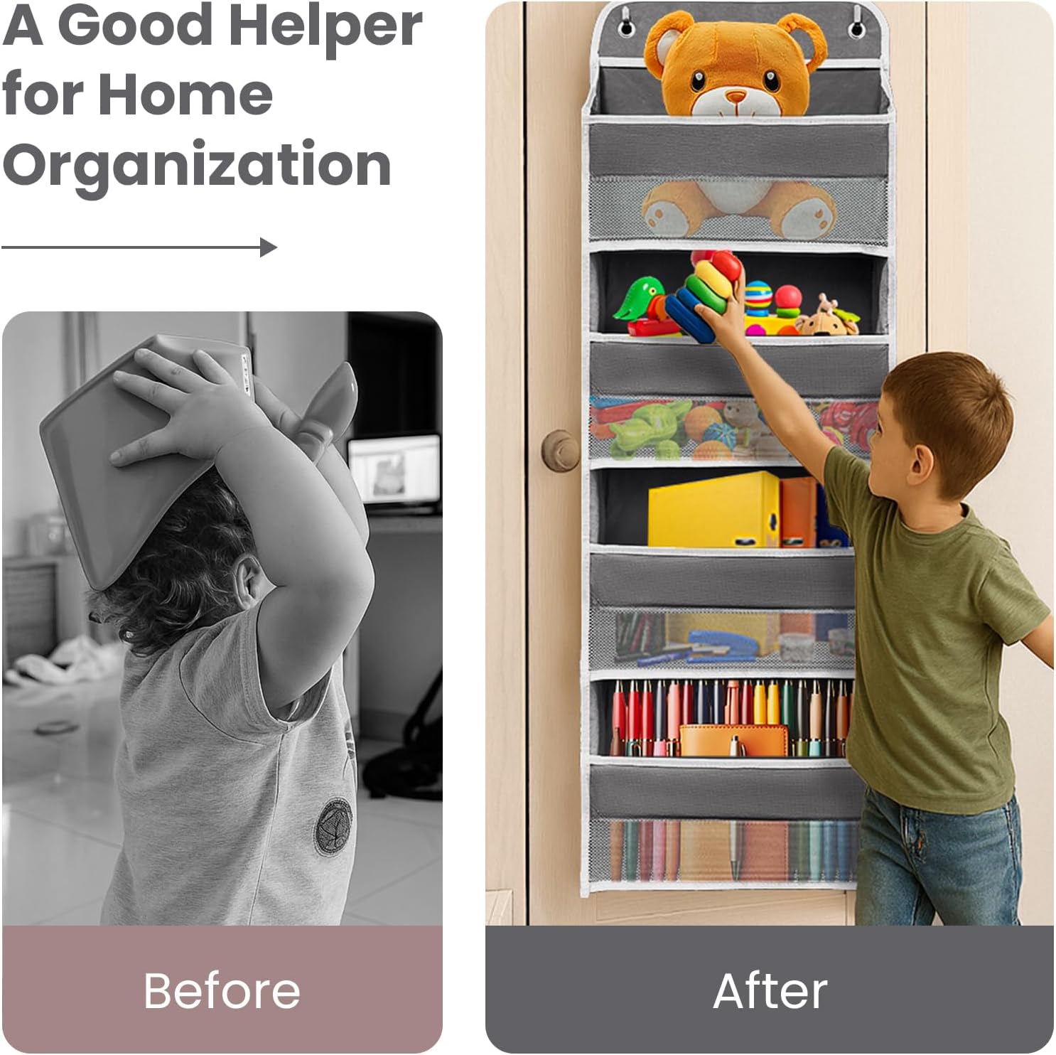Kitchen Organizers and Storage with 4 Side Mesh Pockets, 44lb Weight Capacity Hanging Behind The Door Storage Suitable for Storing Toys, Shoes, Towels, Dark Grey, 4 Shelf