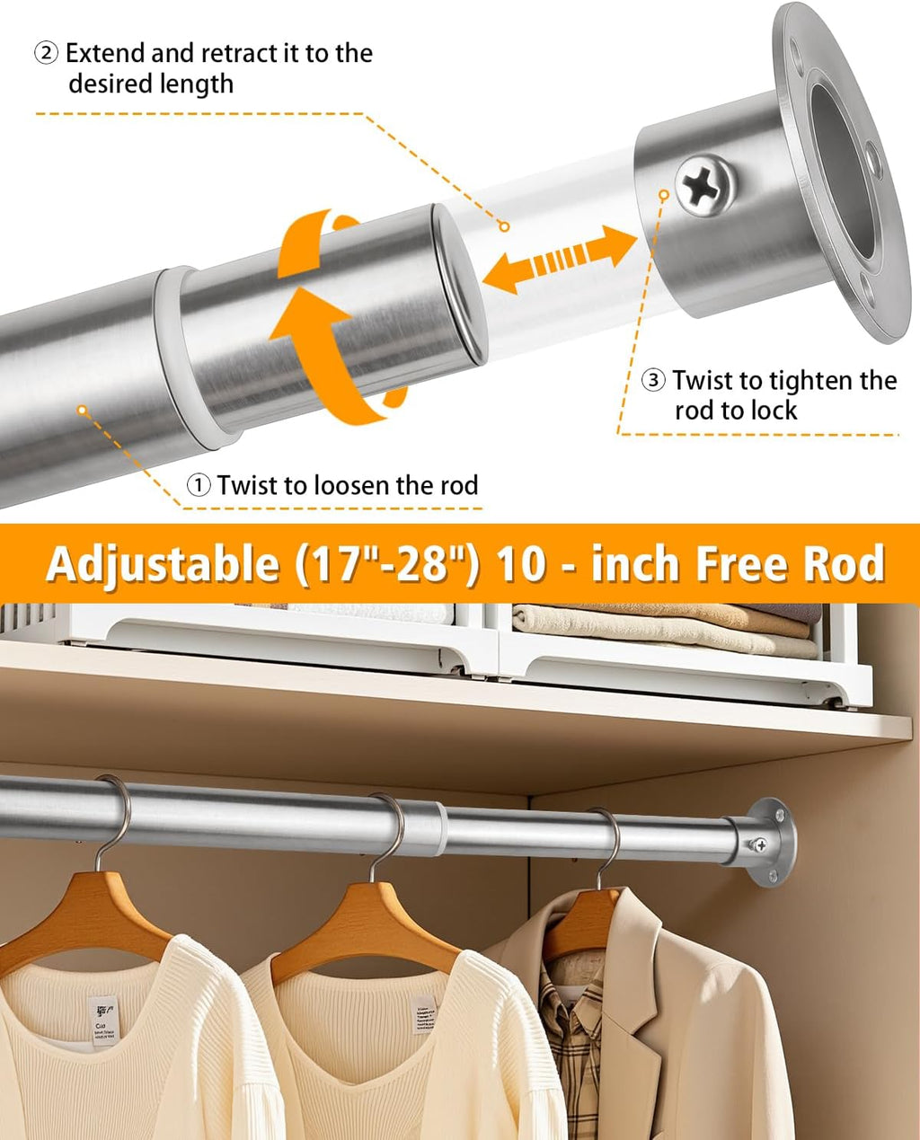Closet Rods For Hanging Clothes, 17-40 Inch Heavy Duty and Stepless Adjustable Closet Poles, Stainless Steel Closet Hanging Rod for Closet, Wardrobes, Laundry Room, Bathroom, RV (Silver)