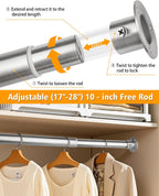 Closet Rods For Hanging Clothes, 17-40 Inch Heavy Duty and Stepless Adjustable Closet Poles, Stainless Steel Closet Hanging Rod for Closet, Wardrobes, Laundry Room, Bathroom, RV (Silver)