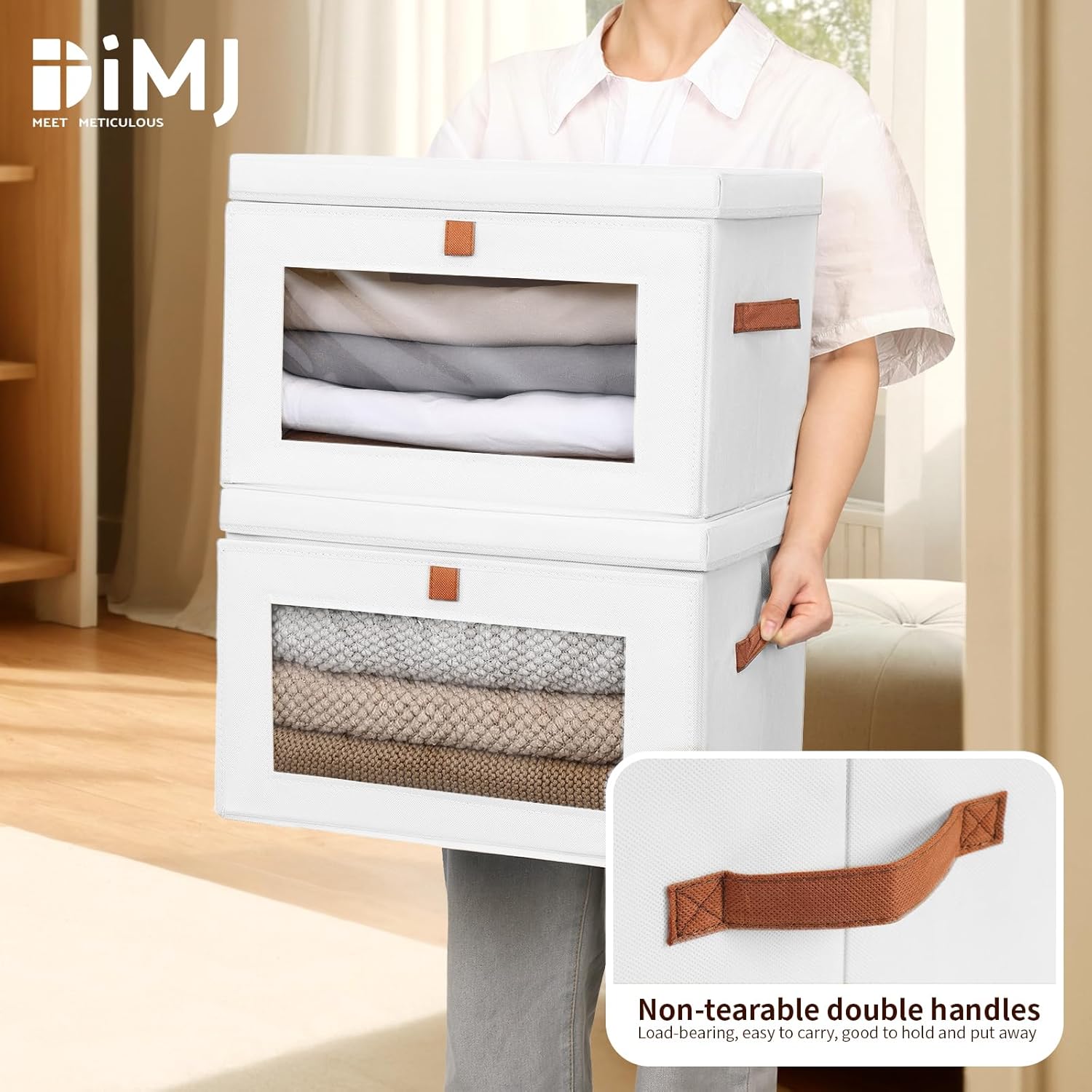 DIMJ Storage Bins with Lids - 6 Pack Large Fabric Closet Organizer with Window & Handles, Collapsible Decorative Storage Boxes for Shelves Under Bed, Books Clothes Blankets Sweaters Organization