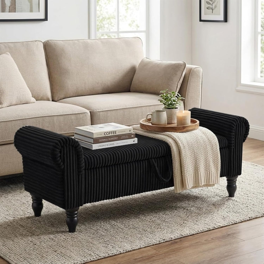 55" Corduroy Storage Ottoman Bench, Queen Bed, Black | End of Bed, Bedro...
