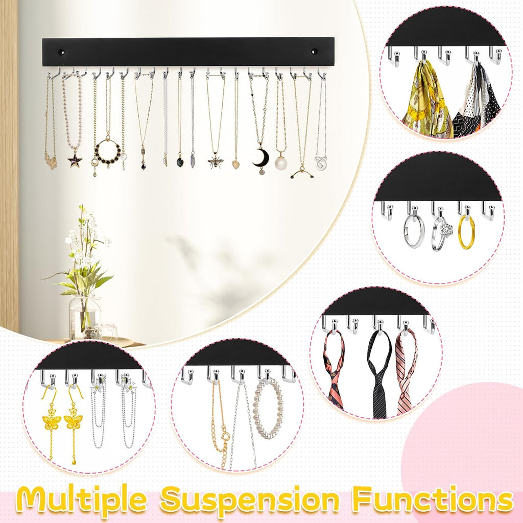 4 Pack Necklace Holder Wall Mount, Hanging Jewelry Organizer with 80 Hooks Total, Space Saving Wooden Necklace Holder for Wall, Necklace Organizer Hanger for Necklaces, Bracelets, Pendant