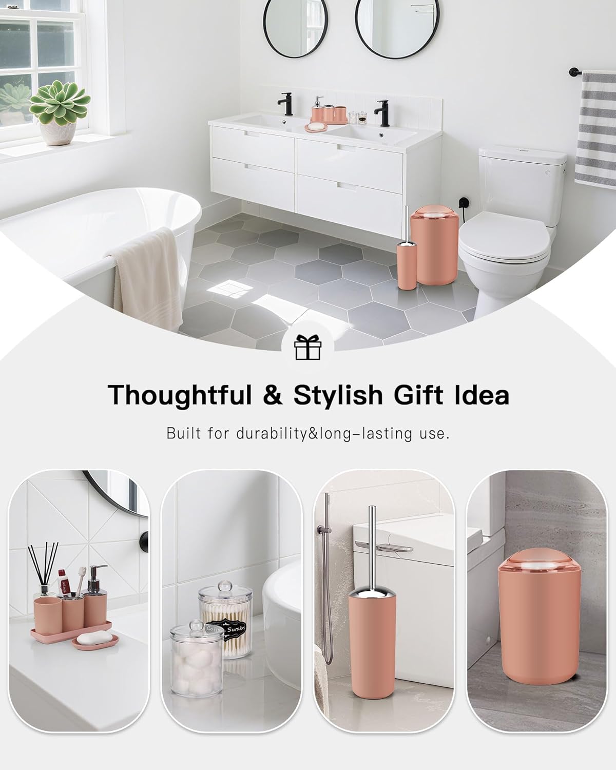 IMAVO Bathroom Accessories Set,Coral Pink Bathroom Set,9 Pieces Bathroom Accessory Set,Tray,Qtip Holders,Toilet Brush,Trash Can for Bathroom Décor and Home Gifts