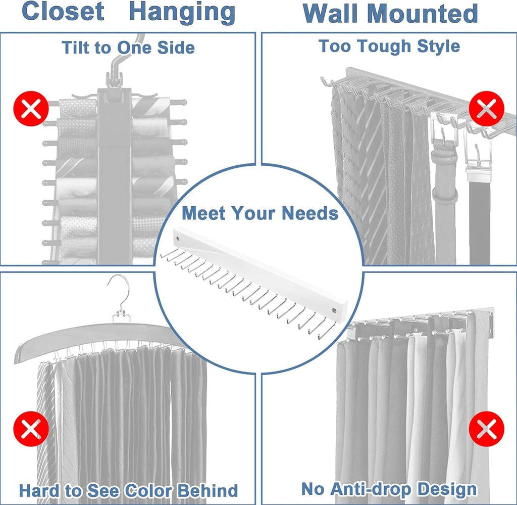 Tie Rack Wall Mounted, Belt Rack Tie Organizer for Men with 20 Storage Hooks, Non Slip 180 Degree Rotating Tie Holder Belt Hanger for Closet/Wall Mount