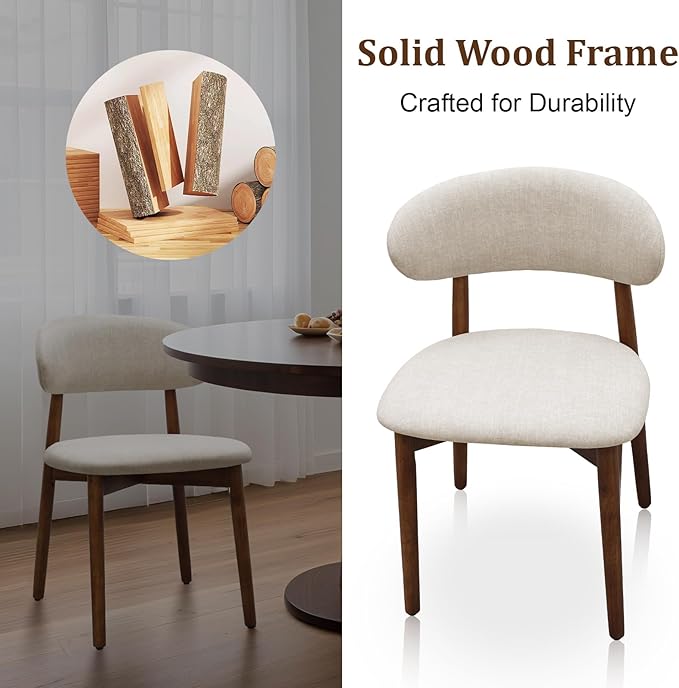 Farmhouse Dining Chairs Set of 8, Mid Century Modern Wooden Dining Room Chairs, Farmhouse Fabric Upholstered Kitchen Dinner Chairs for Living Room Restaurant Cafe, Walnut/Warm Grey