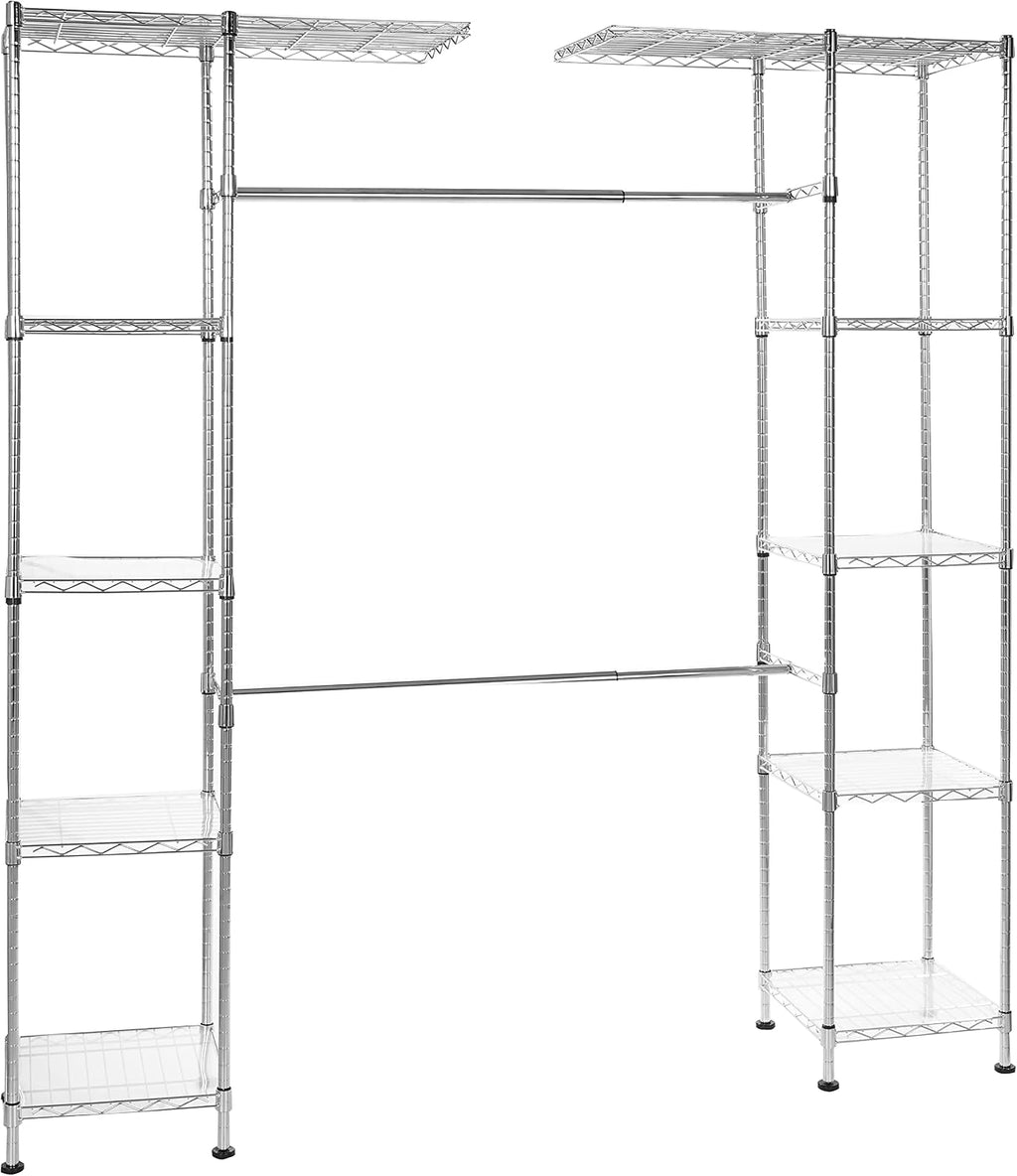 Amazon Basics Expandable Adjustable Metal Closet Organizer with Hanging Rod, Clothes Rack, Shelves, 57-80 x 14 x 72 inches (LxWxH), Chrome