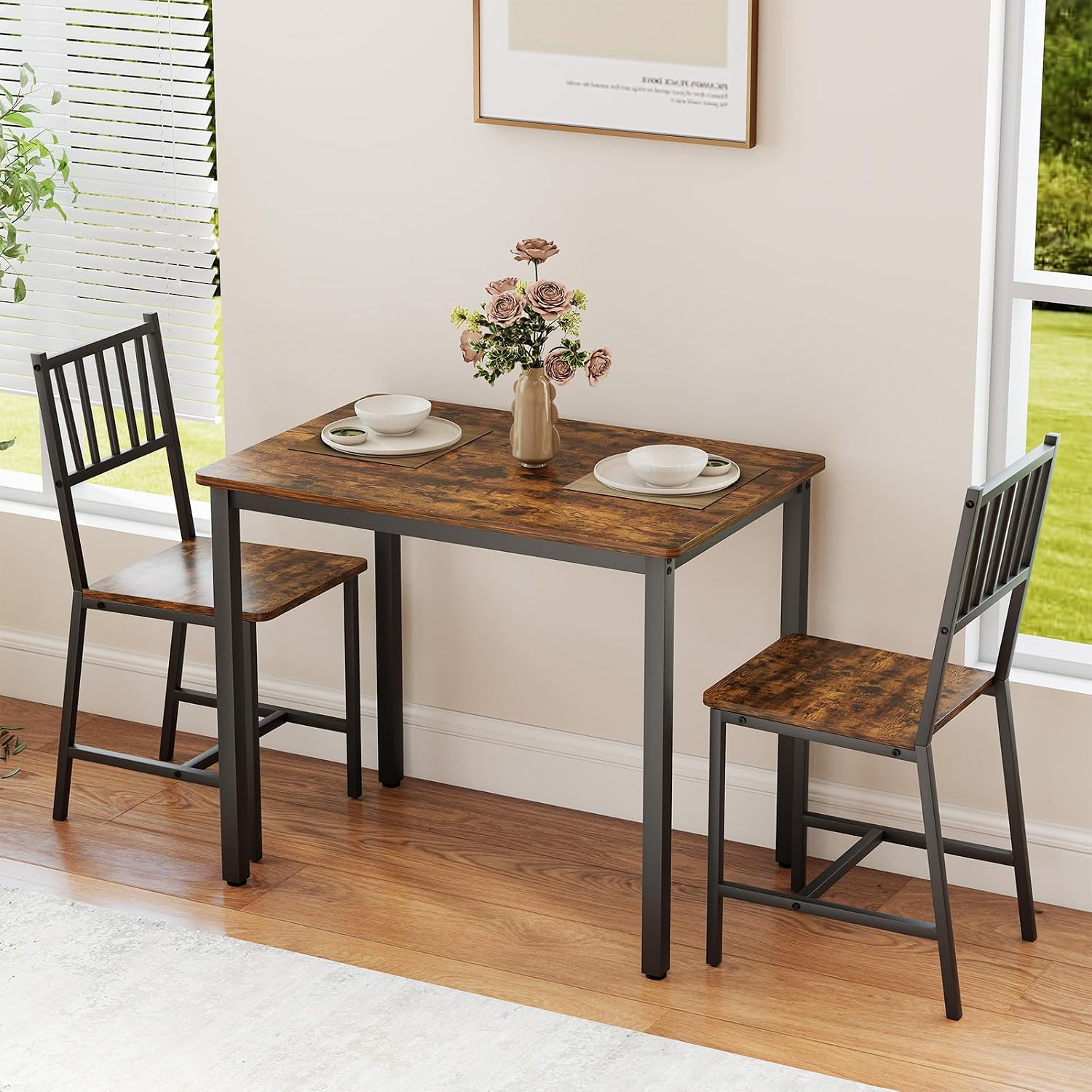 Rovibek 3 Piece Dining Table Set for 2 with Steel Frame & Adjustable Feet, Small Kitchen Table with 2 Chairs, Modern Breakfast Nook Dinette for Small Space, Industrial Farmhouse Brown