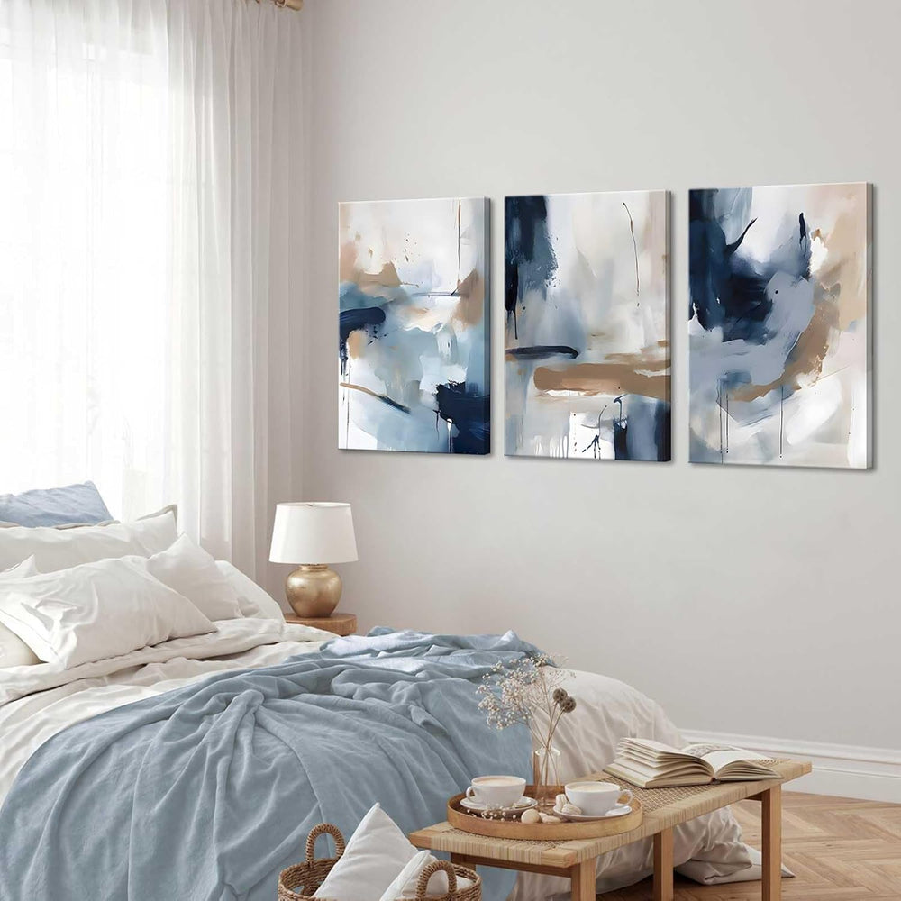 3Pcs Framed Navy Blue Wall Art Abstract Modern Brown Watercolor Canvas Poster...