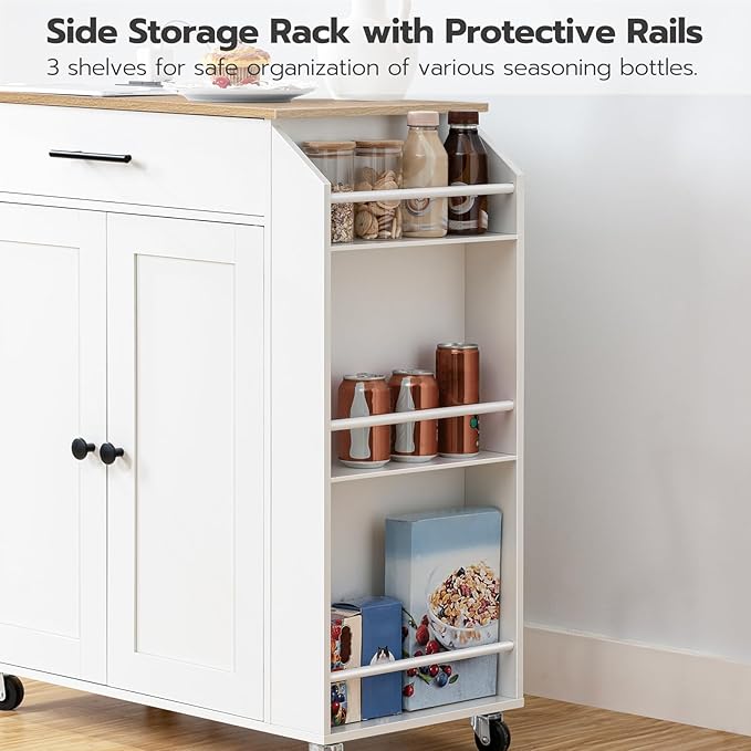 HOOBRO Kitchen Island with Power Outlet, Kitchen Storage Island with Spice Rack and Drawer, Rolling Kitchen on Wheels, for Home, Dining Room, Natural and White