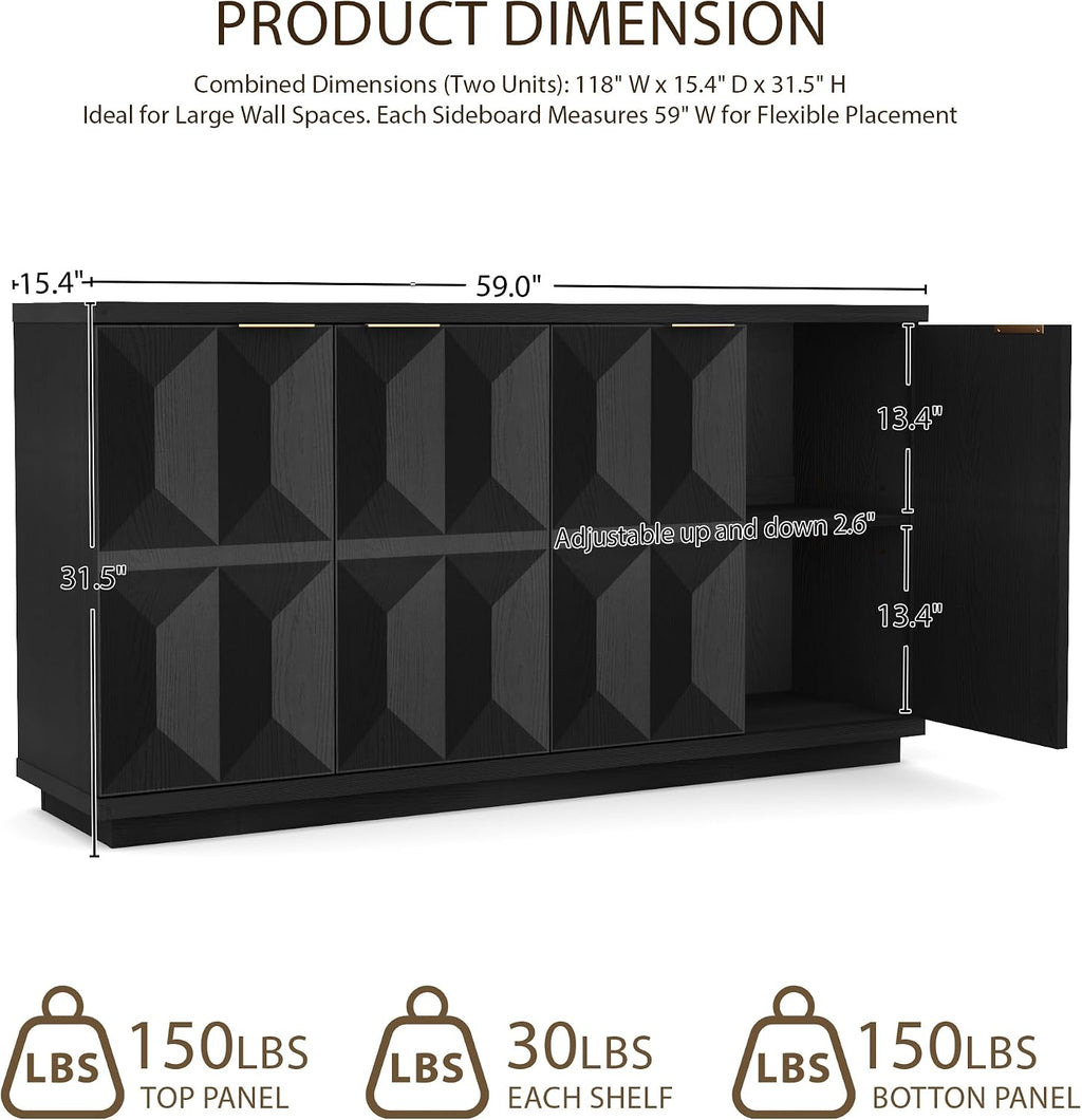 Yechen 118" Black Sideboard Buffet Cabinet with Storage, Modern Credenza with 3D Geometric Pattern Doors & Adjustable Shelves, Accent Wood Media Console Table for Living Room, Kitchen/2 Pieces