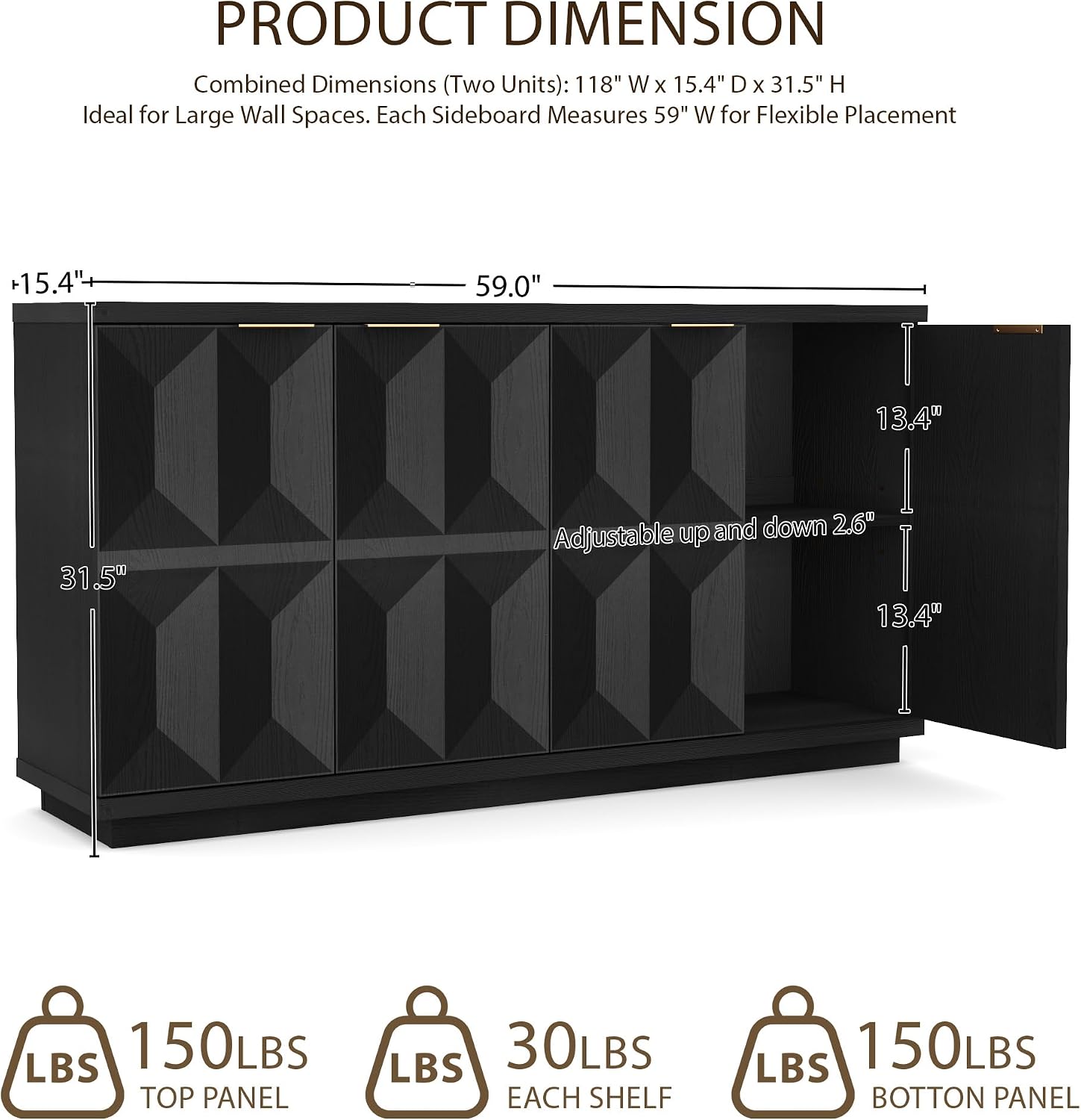Yechen 118" Black Sideboard Buffet Cabinet with Storage, Modern Credenza with 3D Geometric Pattern Doors & Adjustable Shelves, Accent Wood Media Console Table for Living Room, Kitchen/2 Pieces