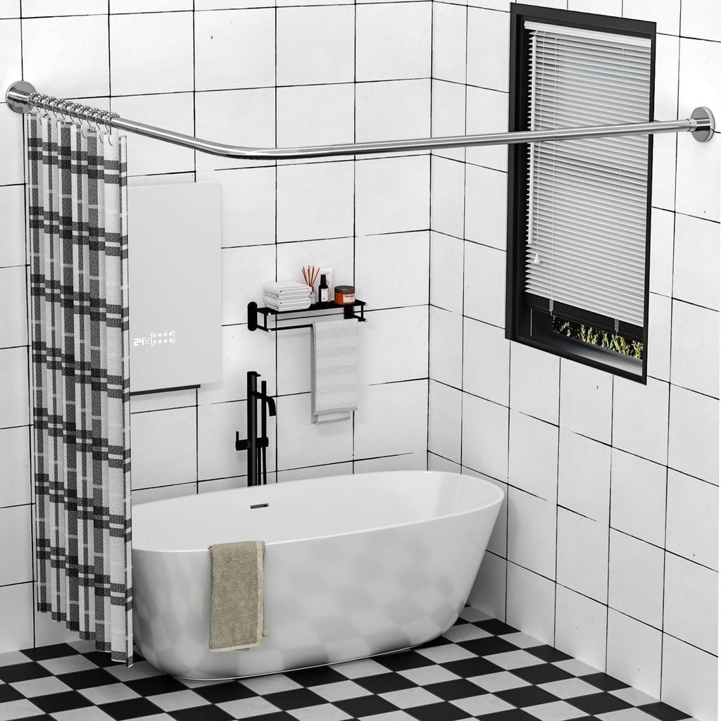 Stretchable 304 Stainless L Shaped Bathroom Bathtub Corner Shower Curtain Rod Rack (24"-69" x 24"-85", Maximum size 113''), Drill Free Install, for Bathroom, Clothing Store, Private Space