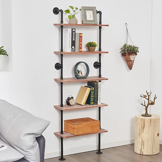 5 Tier Industrial Ladder Bookshelf, Wall Mounted Wood Metal Rustic Pipe Shelv...