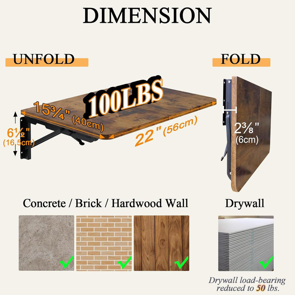 TEAMIX Wall Mounted Folding Table, Rustic Brown Floating Desk for Small Space...