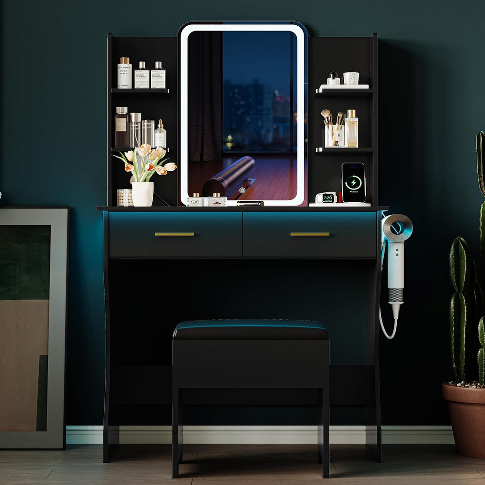 Vanity Desk with LED Lights Mirror & Power Outlet, Small Makeup Vanity Ta...