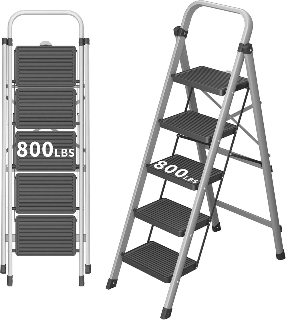 5-Step Foldable Step Ladder Stool with Handle, Anti-Slip Wide Pedals & Fe...