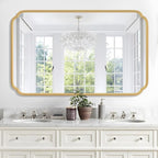 30"x48" Gold Bathroom Mirror for Wall, Large Brass Gold Bathroom Vanity Mirror for Over Sink, Rounded Rectangle Mirror in Premium Iron Metal Frame Hangs Horizontal Or Vertical