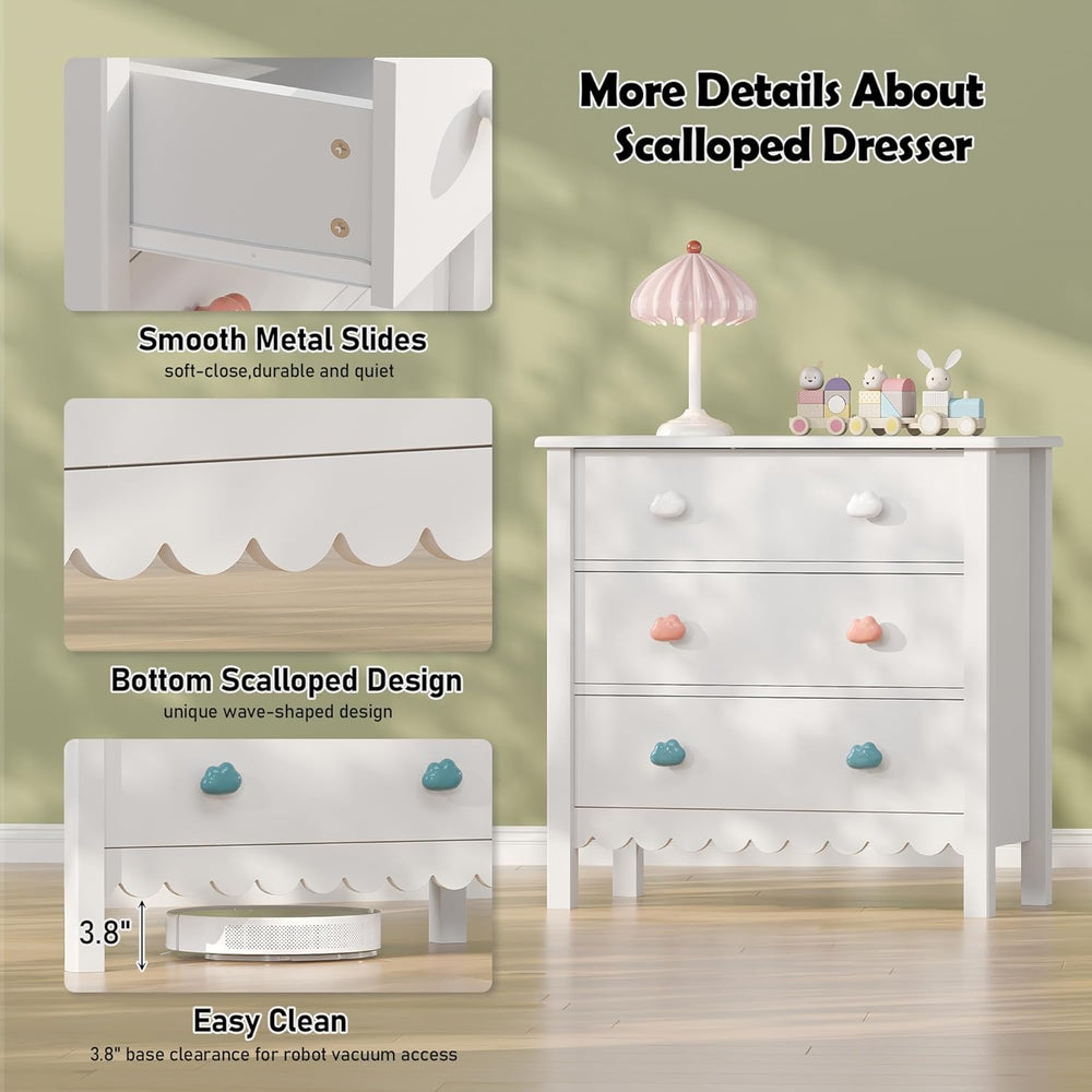 White 3 Drawer Dresser for Bedroom, 27” Scalloped Small Dresser for Girls | F...