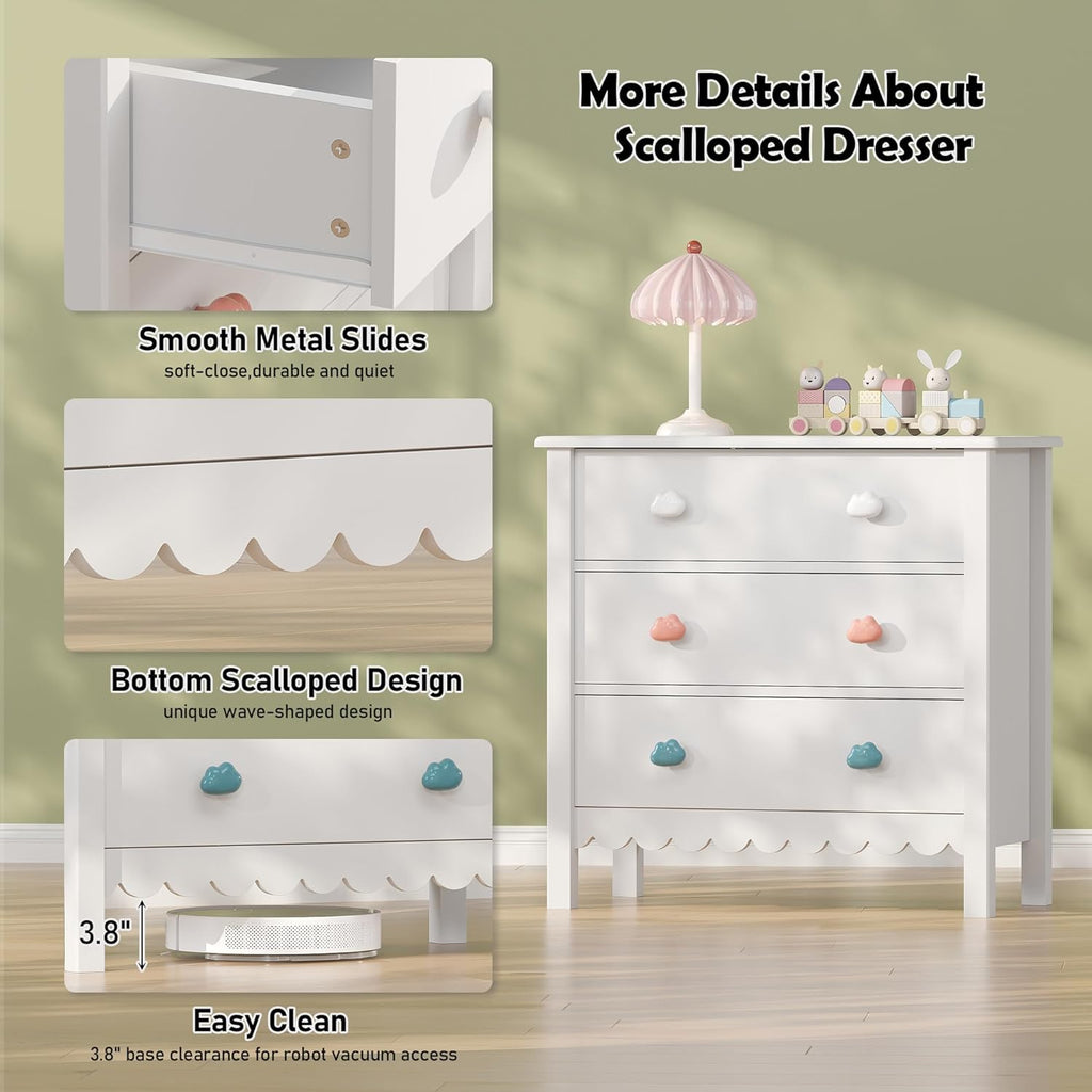 White 3 Drawer Dresser for Bedroom, 27” Scalloped Small Dresser for Girls | FUNKOCO Wooden Chest of Drawers for Hallway, Living Room, 3 Color Cloud Handles