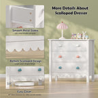 White 3 Drawer Dresser for Bedroom, 27” Scalloped Small Dresser for Girls | FUNKOCO Wooden Chest of Drawers for Hallway, Living Room, 3 Color Cloud Handles