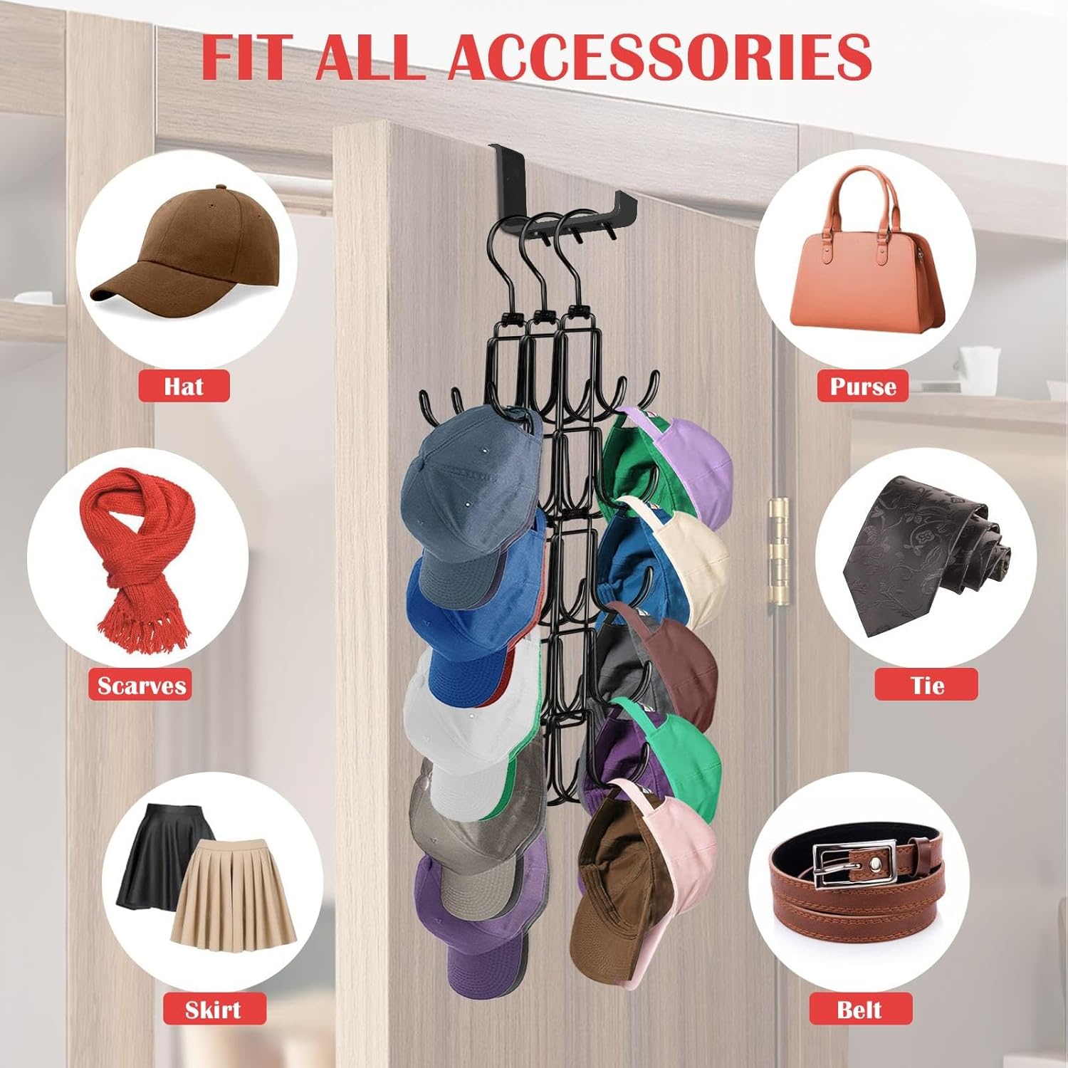 Hat Rack for Door, Collapsible Over The Door Hat Organizer with 10 Large Hooks, Holds 40 Baseball Caps, Rotatable Metal Space Saving Caps Hanger for Display and Storage, Black