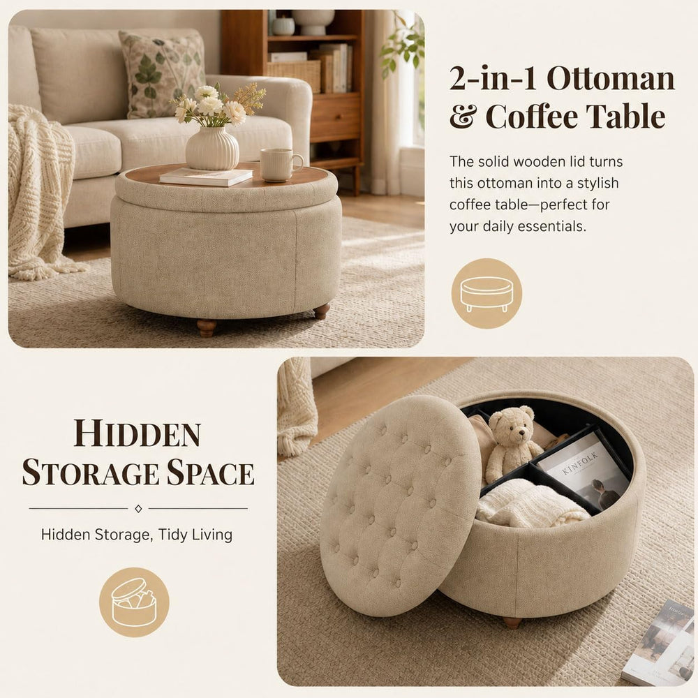 25" Round Ottoman with Storage, Small Coffee Table with Reversible Tray ...