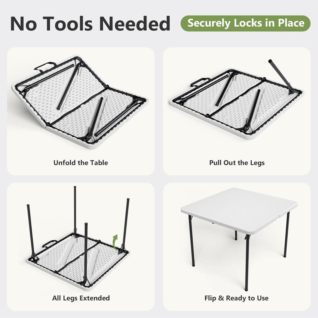 Folding Table, 36 Inch Square Foldable Card Table with Carrying Handle, Heavy Duty Fold-in-Half Portable Table No Assembly, Ideal for Picnic, Camping, RV Travel, Parties, BBQs, Crafting and Indoor Use