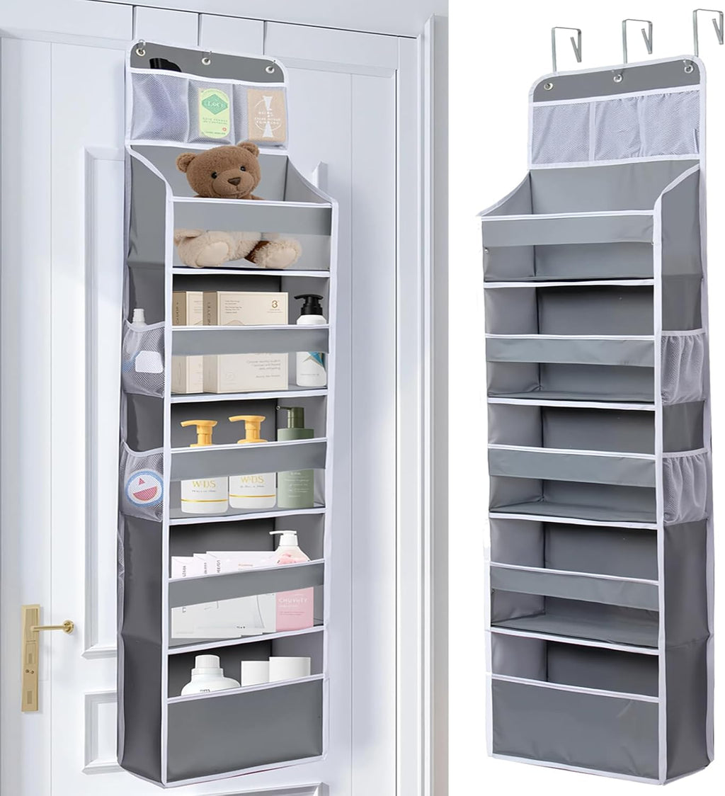 Over The Door Organizer 6 Tier with 12 Pockets & Reinforced Hooks - 59" Hanging Storage Organizer for Bathroom, Nursery, Pantry & Laundry (Light Grey)