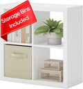 furtble Bookshelf with Storage Bin, 4-Cube Storage Organizer, Modern Wood Open Bookcase, Multifunctional Display Shelf for Living Room, Bedroom, Home Office, White