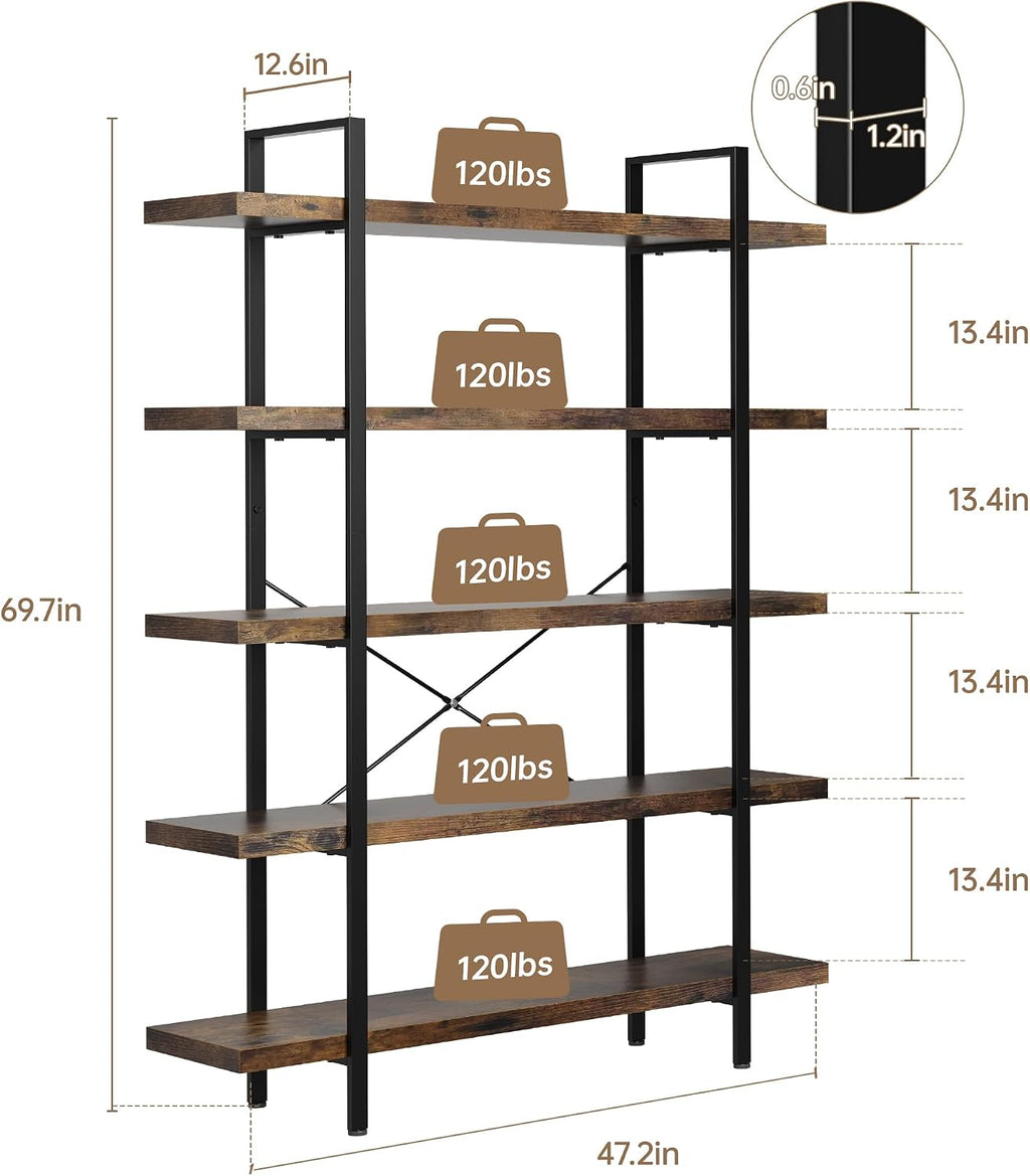 2PCS Heavy Duty 5 Tier Industrial Bookcase for Home Office, Rustic Brown | 47" Wide Wood Bookshelf,120 lbs Shelf Capacity, Rustic Open Shelving Display,3CM Upgraded Thicken Board,Easy to Assemble