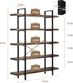 2PCS Heavy Duty 5 Tier Industrial Bookcase for Home Office, Rustic Brown | 47" Wide Wood Bookshelf,120 lbs Shelf Capacity, Rustic Open Shelving Display,3CM Upgraded Thicken Board,Easy to Assemble
