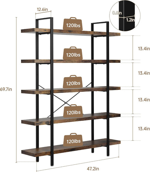 2PCS Heavy Duty 5 Tier Industrial Bookcase for Home Office, Rustic Brown | 47" Wide Wood Bookshelf,120 lbs Shelf Capacity, Rustic Open Shelving Display,3CM Upgraded Thicken Board,Easy to Assemble