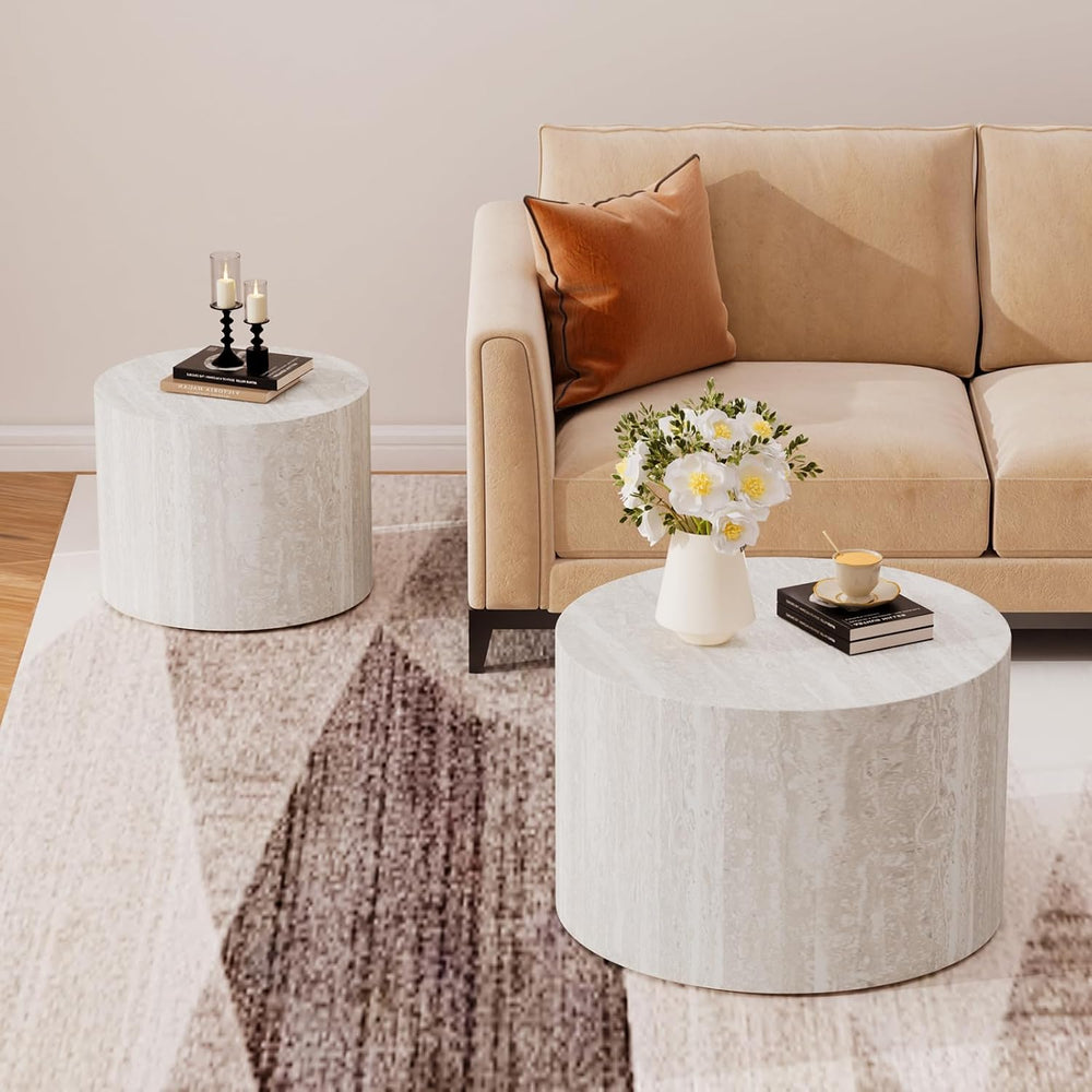 Modern Nesting Coffee Table Set of 2, Round Travertine End Side Tables | Cont...
