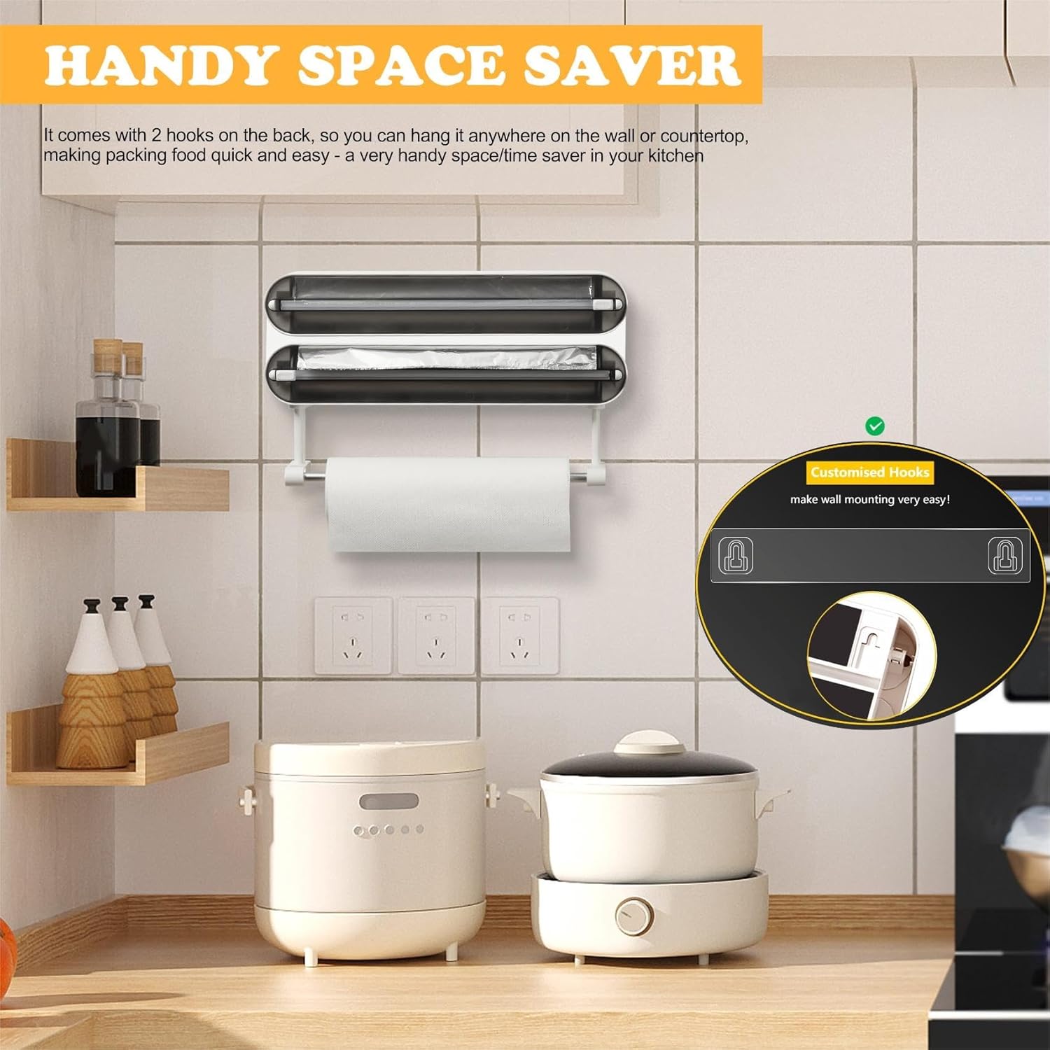 Magnetic Plastic Wrap Dispenser with Cutter - Refillable Tin Foil and Plastic Wrap Organizer for Kitchen, Aluminum Foil Dispenser with Paper Towel Holder Wall Mount - Fits 12" Roll, White